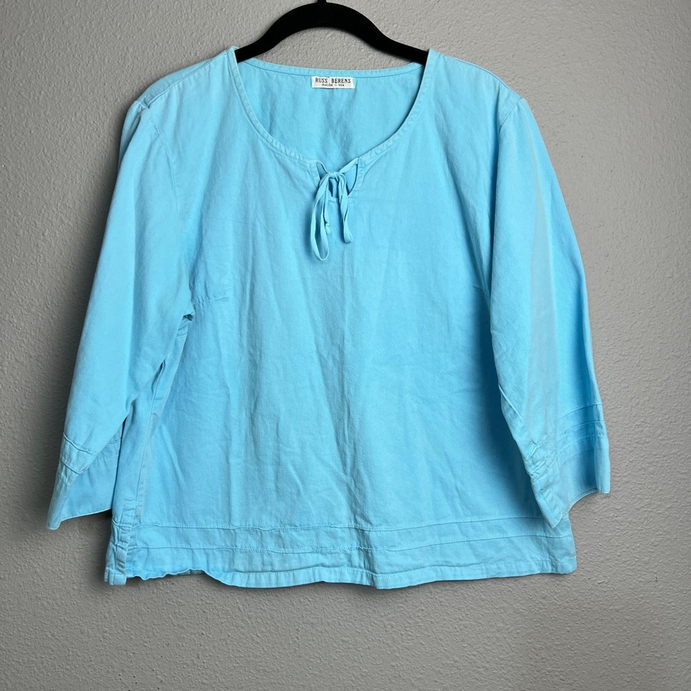 Russ Berens Malibu USA Blue Cotton Tie‎ Neck 3/4 Sleeve Top Medium